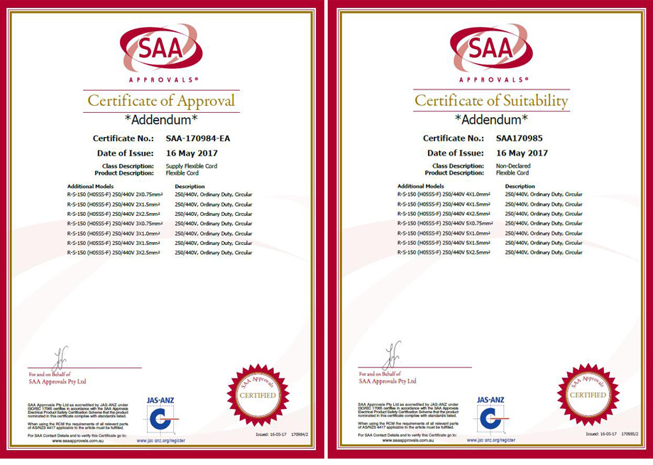 必赢网络游戏平台电线SAA认证证书